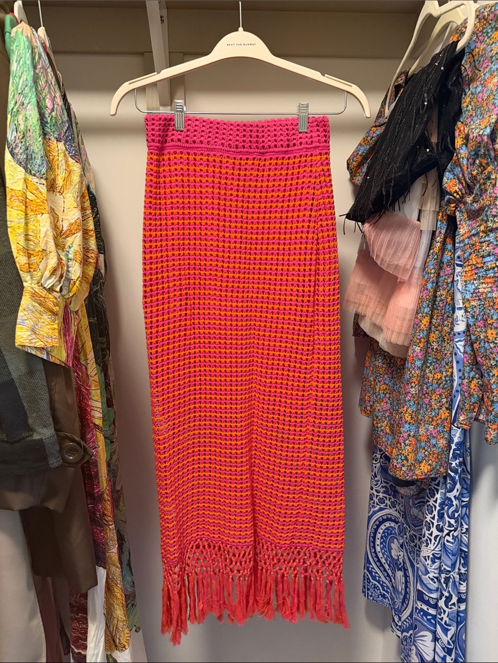 Karlie Pink and Orange Crochet Fringe Maxi Skirt